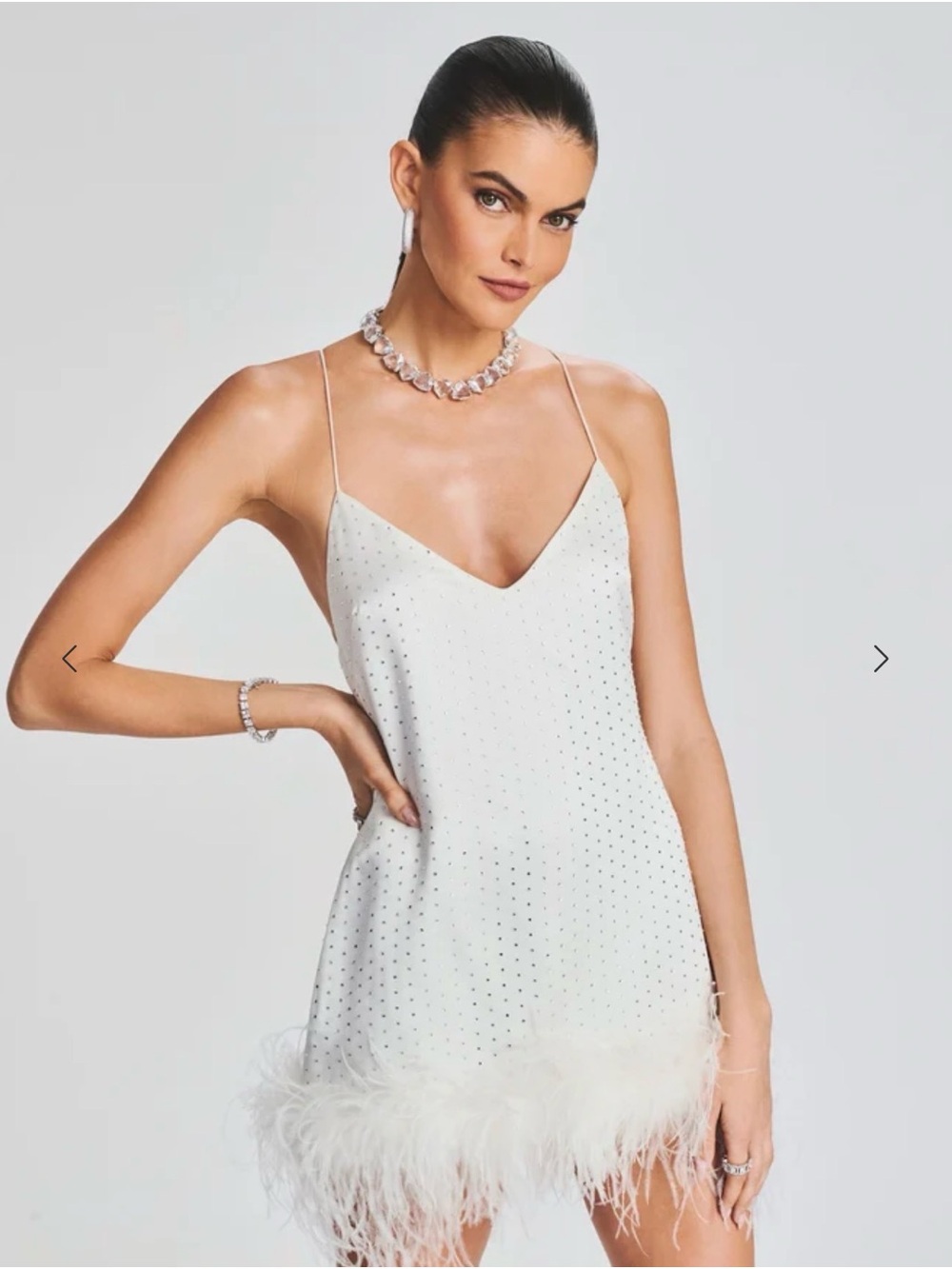 Retrofete White Feather-Trim Mini Dress with Crystal Embellishments